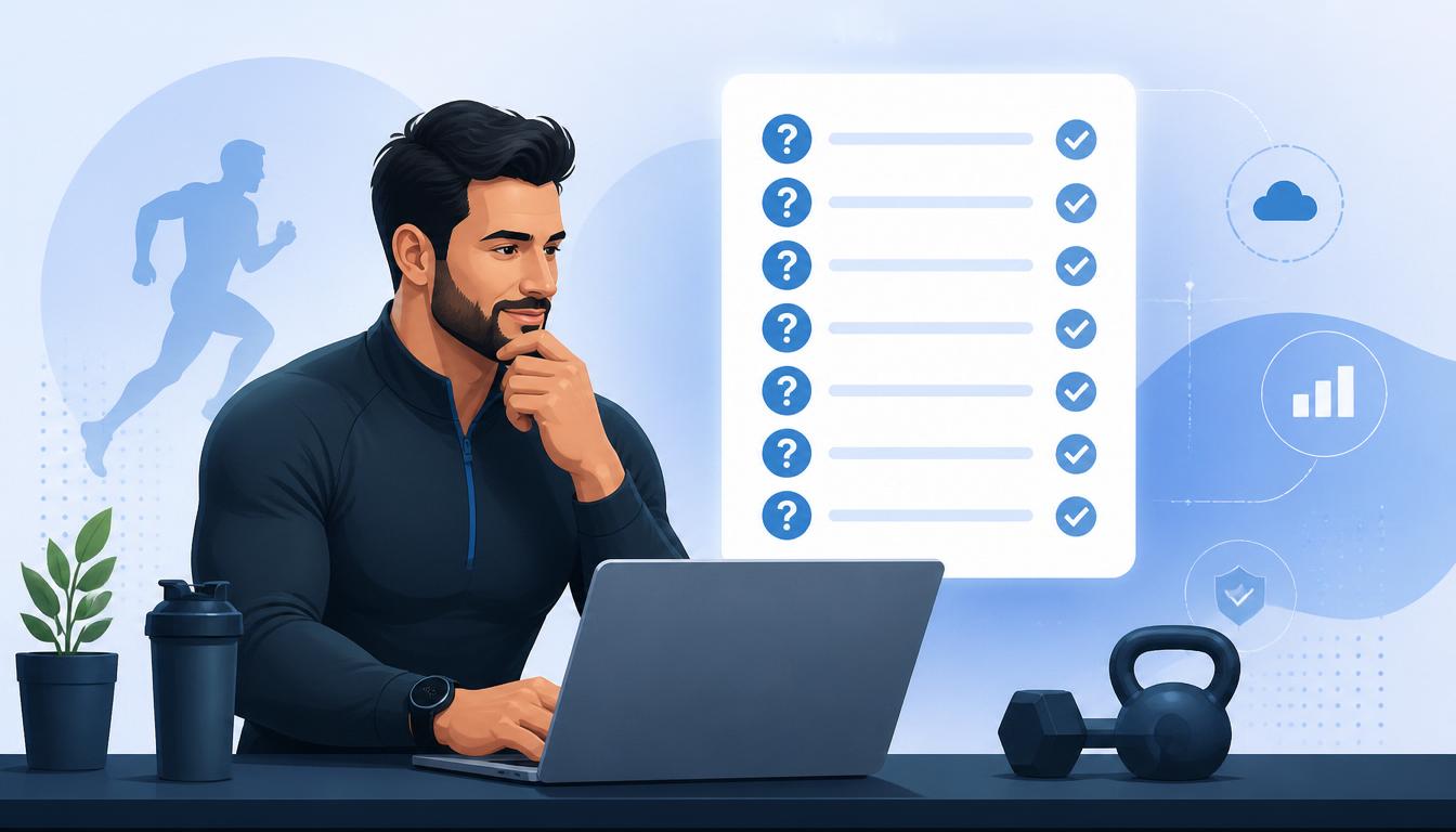 Illustration of a fitness coach evaluating coaching software with a seven-question checklist