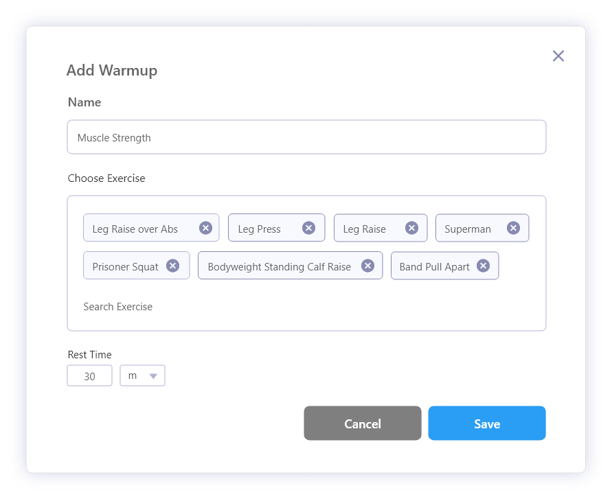 Add Warmup Exercise Dialog
